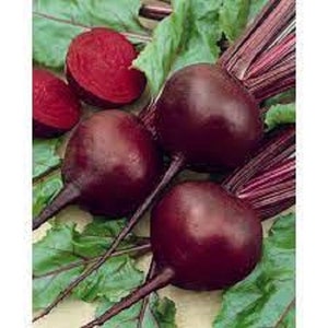May include: Four red beets with green leafy tops. The beets are round and have a deep red color. The leaves are green and have a slightly reddish hue.