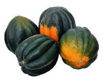May include: Four acorn squash, two green and two with orange and green markings.