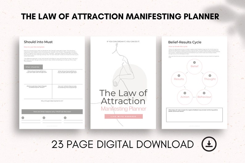 May include: A printable digital planner with the title "The Law of Attraction Manifesting Planner". The planner has a pink and grey colour scheme and includes a section titled "Should into Must" and another section titled "Belief-Results Cycle".