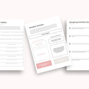 May include: Three printable worksheets with grey and white text on a white background. The first worksheet is titled "Building Habits" and has a table with the headings "After", "I will", and "Reward". The second worksheet is titled "Mindful Choices" and has a flowchart with the headings "An event happens", "Automatic Response", "Mindful Response", and "How you want to show up". The third worksheet is titled "Escaping Comfort Zone" and has a list of questions.