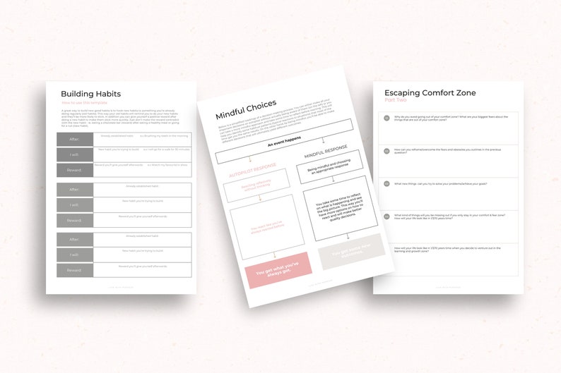 May include: Three printable worksheets with grey and white text on a white background. The first worksheet is titled "Building Habits" and has a table with the headings "After", "I will", and "Reward". The second worksheet is titled "Mindful Choices" and has a flowchart with the headings "An event happens", "Automatic Response", "Mindful Response", and "How you want to show up". The third worksheet is titled "Escaping Comfort Zone" and has a list of questions.