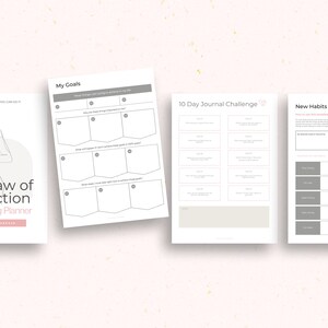 May include: A printable planner titled "The Law of Attraction Manifesting Planner" featuring a line drawing of a person. The planner includes sections for goals, a 10-day journal challenge, and new habits.