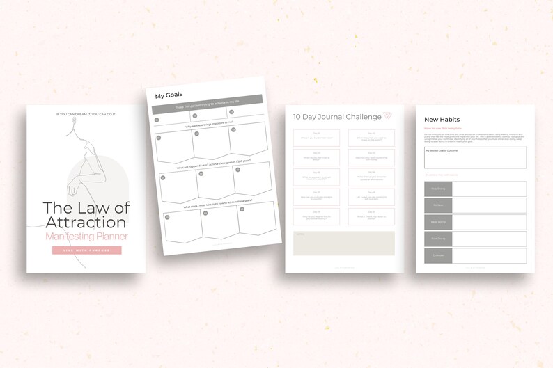 May include: A printable planner titled "The Law of Attraction Manifesting Planner" featuring a line drawing of a person. The planner includes sections for goals, a 10-day journal challenge, and new habits.