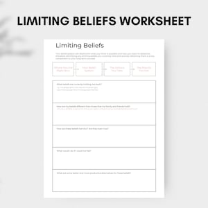 May include: A worksheet titled "Limiting Beliefs Worksheet" with a section titled "Limiting Beliefs" and a diagram with four boxes labeled "Where You Are Now", "Your Belief System", "The Actions You Take", and "The Results You Get". The worksheet includes questions to help you identify and challenge limiting beliefs.