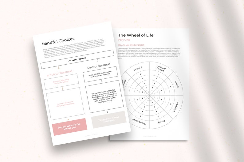 May include: A black and white printable worksheet with the title "Mindful Choices" and a diagram with the words "autopilot response" and "mindful response". The second worksheet is titled "The Wheel of Life" and has a wheel divided into eight sections with the words "Finance", "Personal Growth", "Health", "Recreation", "Relationships", "Career", "Fun & Enjoyment", and "Spirituality".