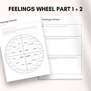 May include: A printable feelings wheel worksheet with two parts. Part one is a wheel with a list of feelings around the outside and four main categories in the center: Happy, Sad, Mad, and Scared. Part two has two sections for writing about feelings and triggers.