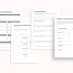 May include: A printable worksheet with the title "Weekly Success Planner" and a section titled "Escaping Comfort Zone". The worksheet includes a diagram with four zones: Comfort Zone, Fear Zone, Learning Zone, and Growth Zone.