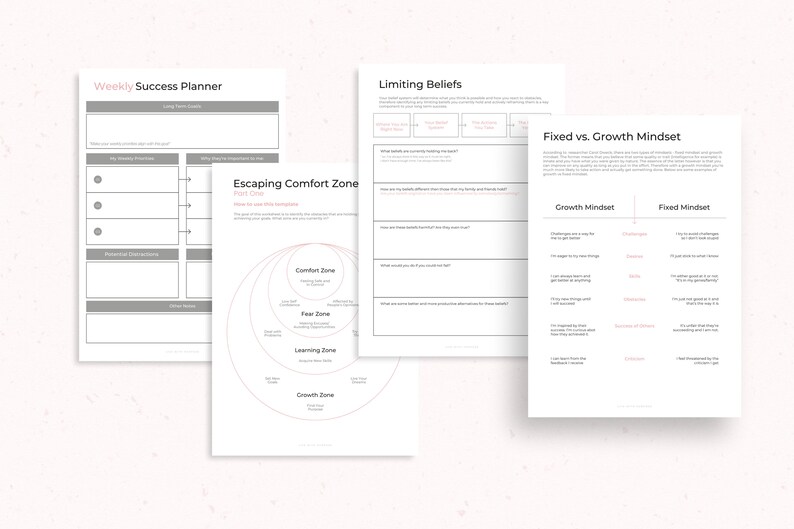 May include: A printable worksheet with the title "Weekly Success Planner" and a section titled "Escaping Comfort Zone". The worksheet includes a diagram with four zones: Comfort Zone, Fear Zone, Learning Zone, and Growth Zone.
