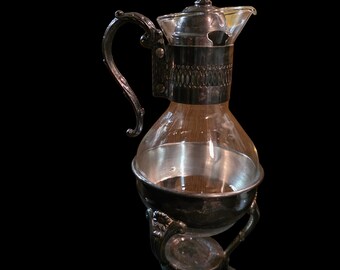 Vintage Silver Plate & Glass Carafe on Warming Stand – Reticulated Collar, Ornate Coffee Tea Server, Victorian Style Holiday Decor