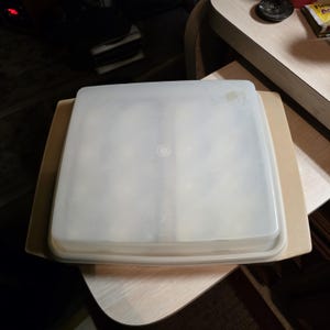 May include: A square, beige Tupperware container with a clear, frosted lid. The lid has a small, circular indentation in the center. The container sits on a light-colored surface.