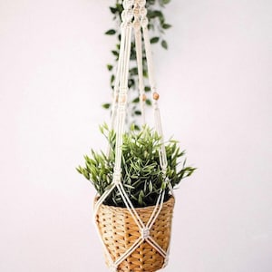 Peut inclure: Un porte-plante suspendu en macramé avec un panier tressé contenant des plantes vertes. Le macramé est blanc cassé avec des perles en bois et un pompon. Le panier est en matériau tressé de couleur naturelle.