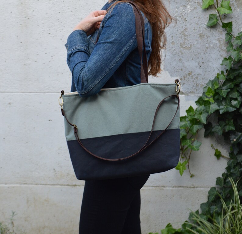 Umbral tote, everyday bag in sage denim and waxed canvas, tote bag, sales minimalist vegan bag