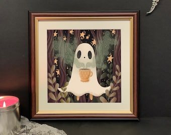 20CM x 20CM fine art print | " teacup ghost" | spooky ghost | autumn | cottage core | creepy cute ghost