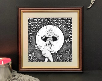 20CM x 20CM fine art print | "mr mushroom bum" | cute cottagecore mushroom | magical art | strange art