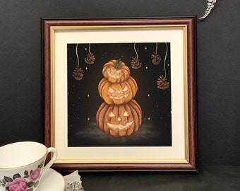 20CM x 20CM fine art print | "stack o’ pumpkins" | Halloween art | creepy cute | witchy illustration | pumpkin art | autumn vibes