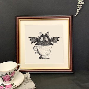 20CM x 20CM fine art print | &quot;bat in teacup&quot; | creepy cute | witchy art | cute cottagecore | cute art | bat art