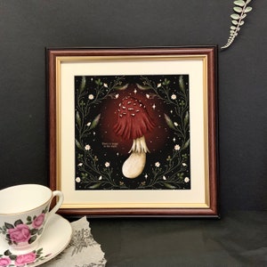 20CM x 20CM Kunstdruck | &quot;Magie in der Nacht&quot; | Zauberpilz | Hexenkunst | gruselige Illustration | Gothic Wandkunst