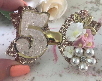 Birthday hair bow,rose gold hair bow,gifts for girls,number birthday hair bow,glitter birthday hair bow,number birthday bow, girls hair bows