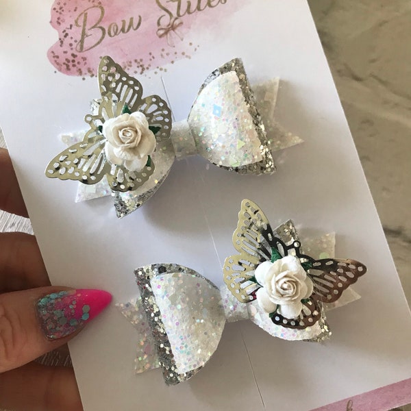 Butterfly glitter hair bow, glitter hair bow, pretty hair bow, small glitter hair bows, babies hair bow, small hair clips, toddler hair bows