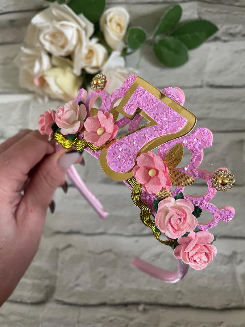 Pink Glitter Birthday Tiara, Floral Princess Crown - Etsy