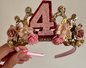 Floral Princess Birthday Crown, Gold Tiara Headband