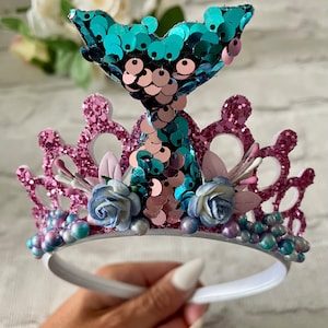 Sequin Mermaid Tail Tiara, Pink & Blue Birthday Crown