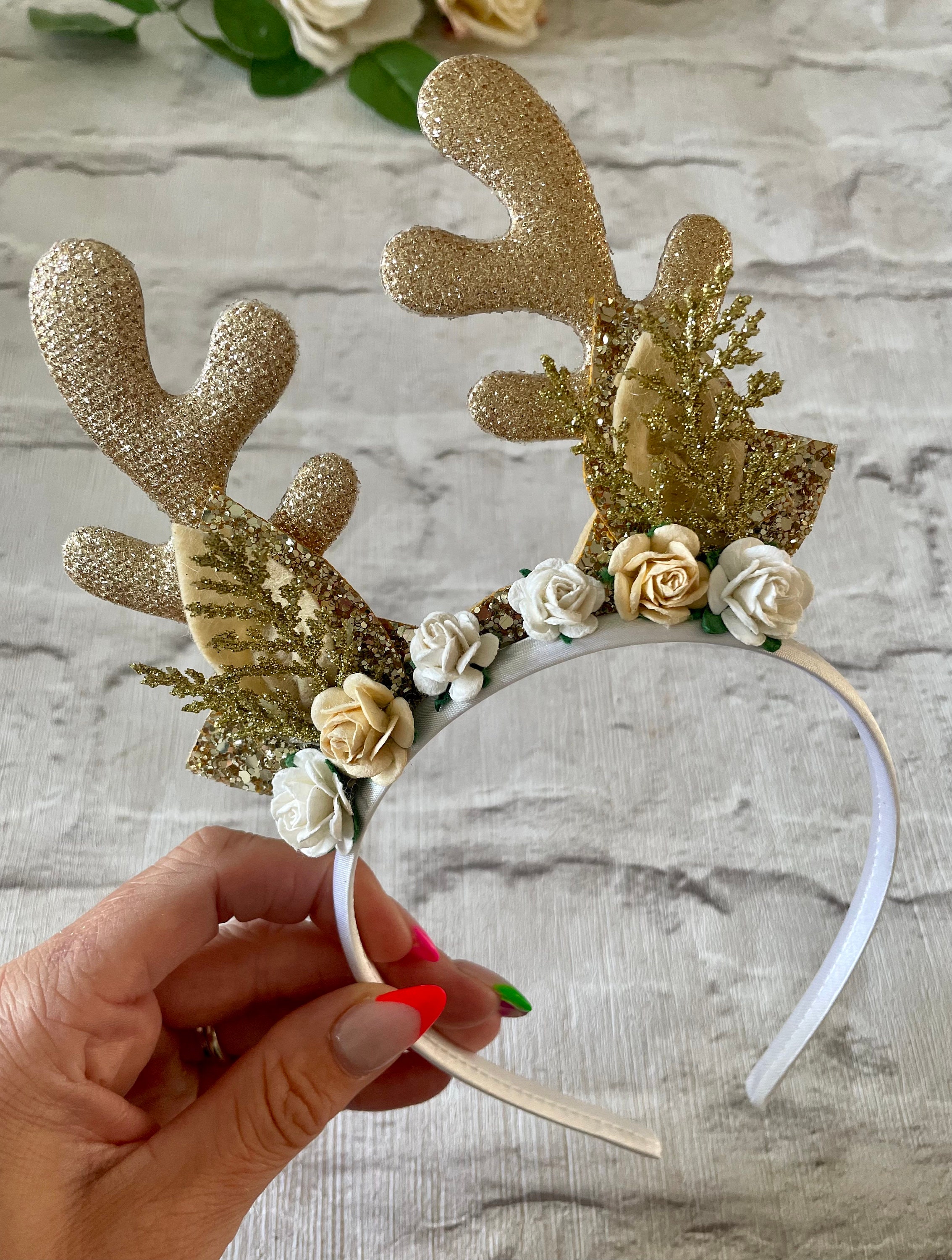 Luxury Gold Reindeer Antler Headband Festival Party Wear Costume Accessory Whimsical Deer Antler Headpiece, Renfaire Deer Headband  main image 3
