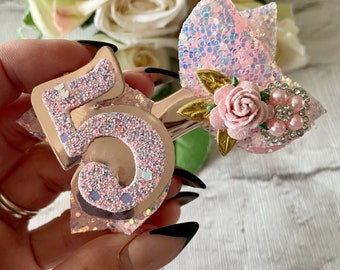 Pink Glitter Birthday Hair Bow, Flower Number Embellishment