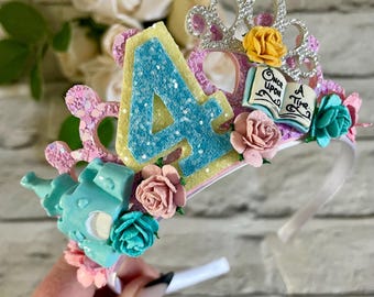 Pink Glitter Birthday Tiara, Princess Crown, Mulberry Flowers