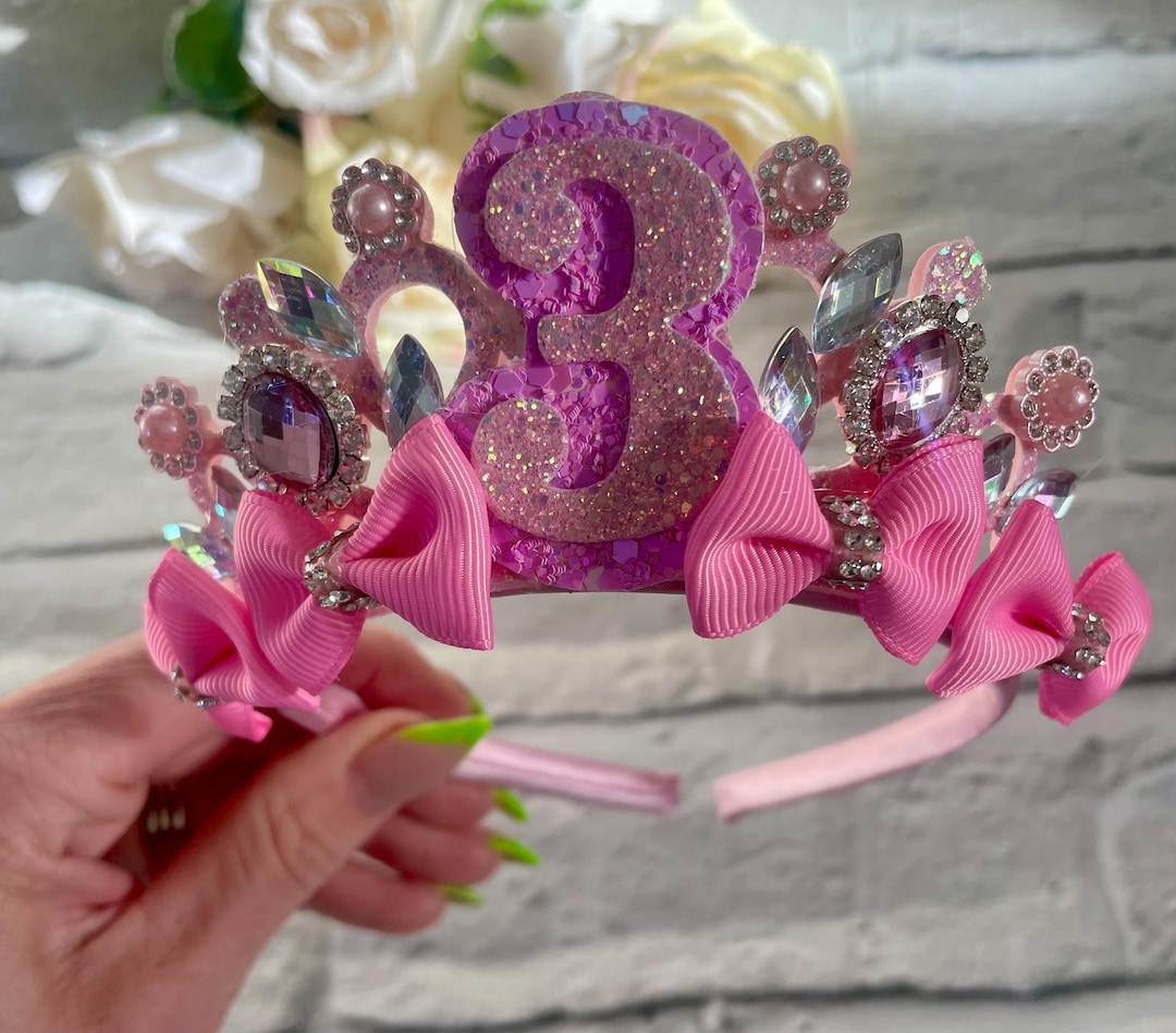 Pink Glitter Birthday Princess Tiara, Handmade Bow Crown - Etsy