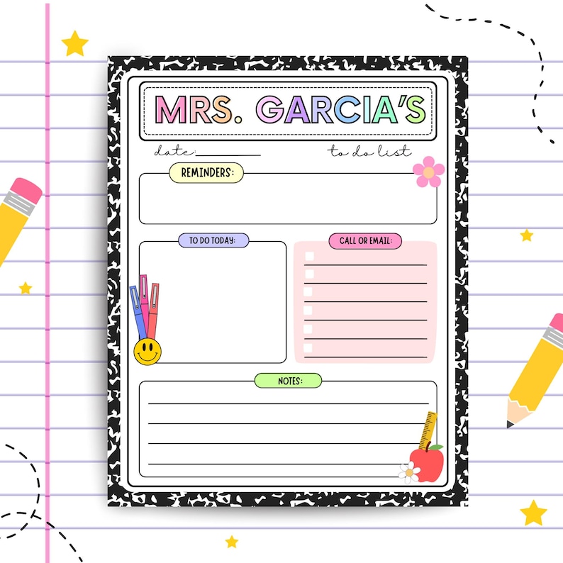 Puede incluir: Una lista de tareas imprimible con el t&iacute;tulo "MRS. GARCIA'S" en letras de arco&iacute;ris. La lista tiene secciones para recordatorios, para hacer hoy, llamar o enviar un correo electr&oacute;nico, y notas.
