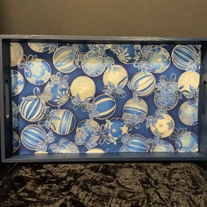 Wooden Tray Fabric Lined Blue Ornaments