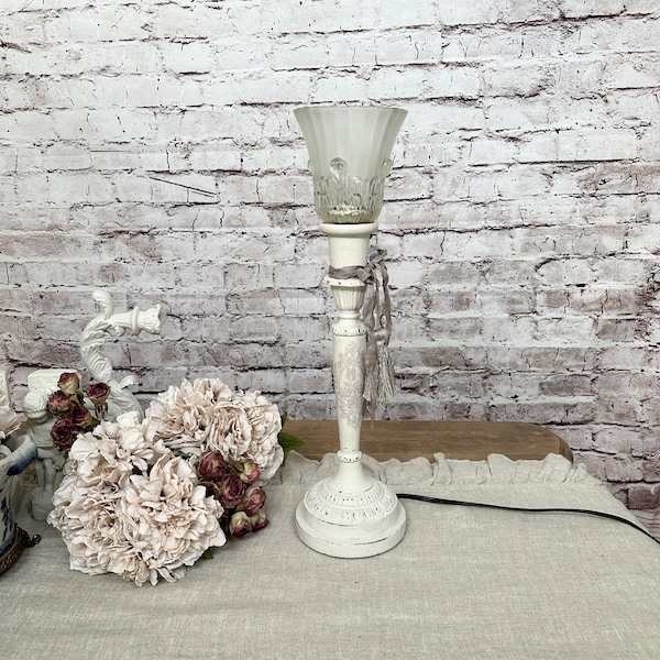 Heavy Ornate White Candlestick Lamp with Glass Globe