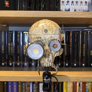 Op de afbeelding: Een steampunk-stijl schedellamp met heldere LED-lampen als ogen, gemonteerd op een zwarte, verstelbare standaard. De schedel is bruin en beige, met metalen accenten. Achtergrond is een boekenkast.