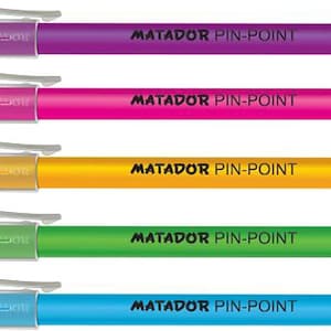 Matador Pin-Point Ball Pen – 0.6mm Retractable NS Tip with TC Ball, Oil-Based Gel Ink, Soft Rubber Grip, Assorted Colors, Pack of 12