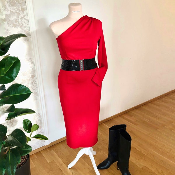 Asymmetrical Jersey Dress, Dress One Sleeve, Designer Dress, Avantgarde Dress, Fitted Jersey Dress, Tight Jersey Dress, Red Jersey Dress