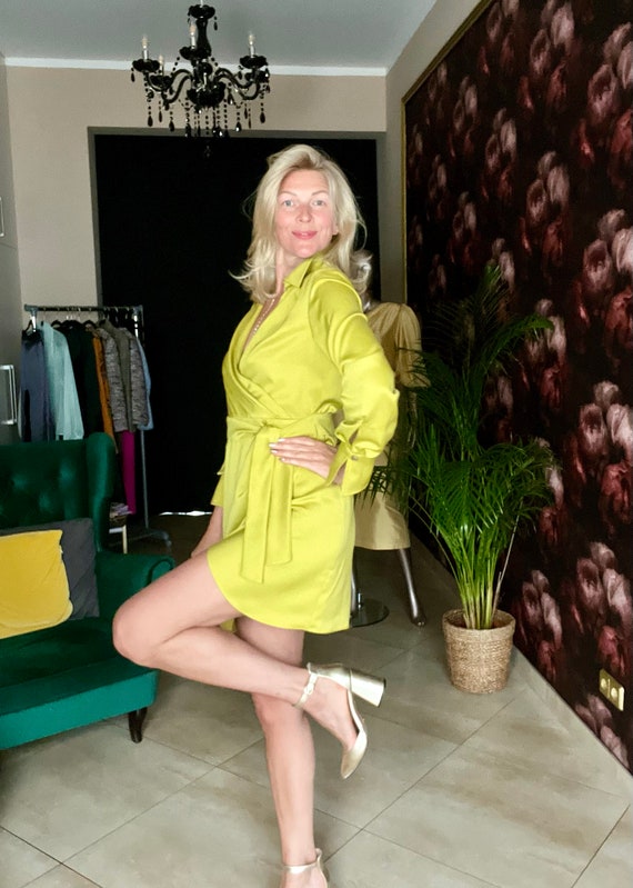Women Short Cocktail Dress, Faux Silk Wrap Dress, Casual Dress Lime Color, Evening  Dress