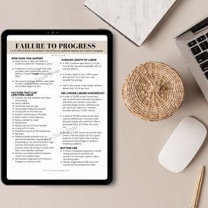 Może przedstawiać: Tablet cyfrowy wyświetla dokument zatytułowany „FAILURE TO PROGRESS” z informacjami o powikłaniach porodowych. Tablet leży na beżowej powierzchni z laptopem, myszą i długopisem. Dokument zawiera tekst o czasie trwania porodu i czynnikach, które mogą go wydłużyć.