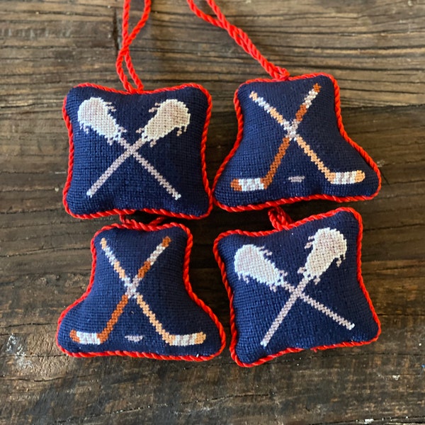Hand-Stitched Needlepoint Ornament - Hockey & Lacrosse