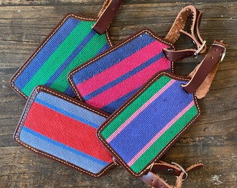 Hand-Stitched Needlepoint Luggage Tag - Stripes