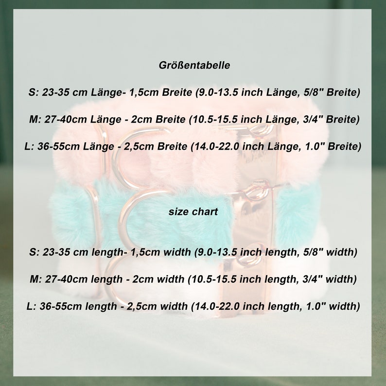 May include: Size chart for a fluffy, colorful pom-pom keychain. The chart shows measurements in both inches and centimeters.  S: 9.0-13.5 inches (23-35 cm), M: 10.5-15.5 inches (27-40 cm), L: 14.0-22.0 inches (36-55 cm).