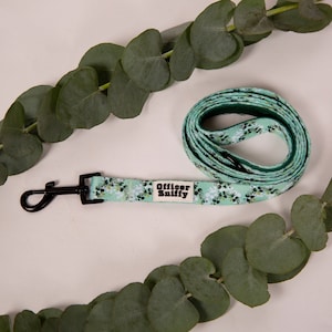 Op de afbeelding: Een groene en witte bloemenhondenriem met een zwarte clip en de tekst "Officer Sniffy" op de riem.