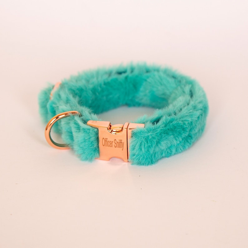 May include: A turquoise blue faux fur dog collar with a rose gold buckle that says "Officer Sniffy".