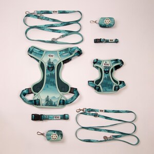 Op de afbeelding: Een verzameling hondenaccessoires in een teal en bosgroen kleurenschema. De set bevat twee tuigjes, twee riemen, twee halsbanden en twee afvalzakjesdispensers. De accessoires hebben een berg- en boslandschapontwerp.