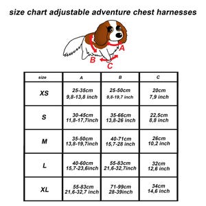 Op de afbeelding: Maattabel voor verstelbare borsttuigen. De tabel bevat afmetingen in centimeters en inches voor de maten XS tot XL. Een cartoonhond illustreert de plaatsing van het tuig, met meetpunten A, B en C.