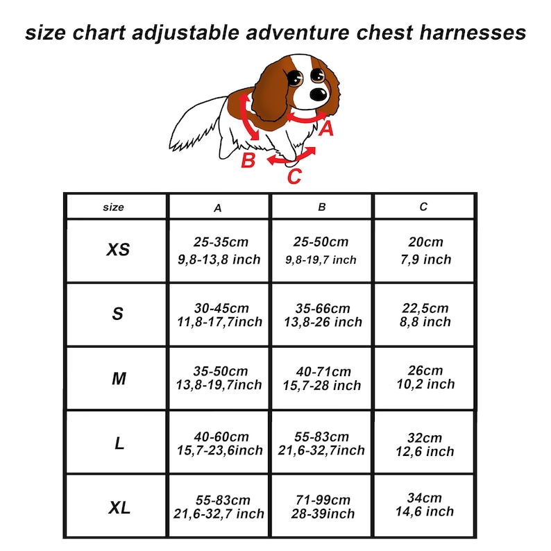 Op de afbeelding: Maattabel voor verstelbare borsttuigen. De tabel bevat afmetingen in centimeters en inches voor de maten XS tot XL. Een cartoonhond illustreert de plaatsing van het tuig, met meetpunten A, B en C.