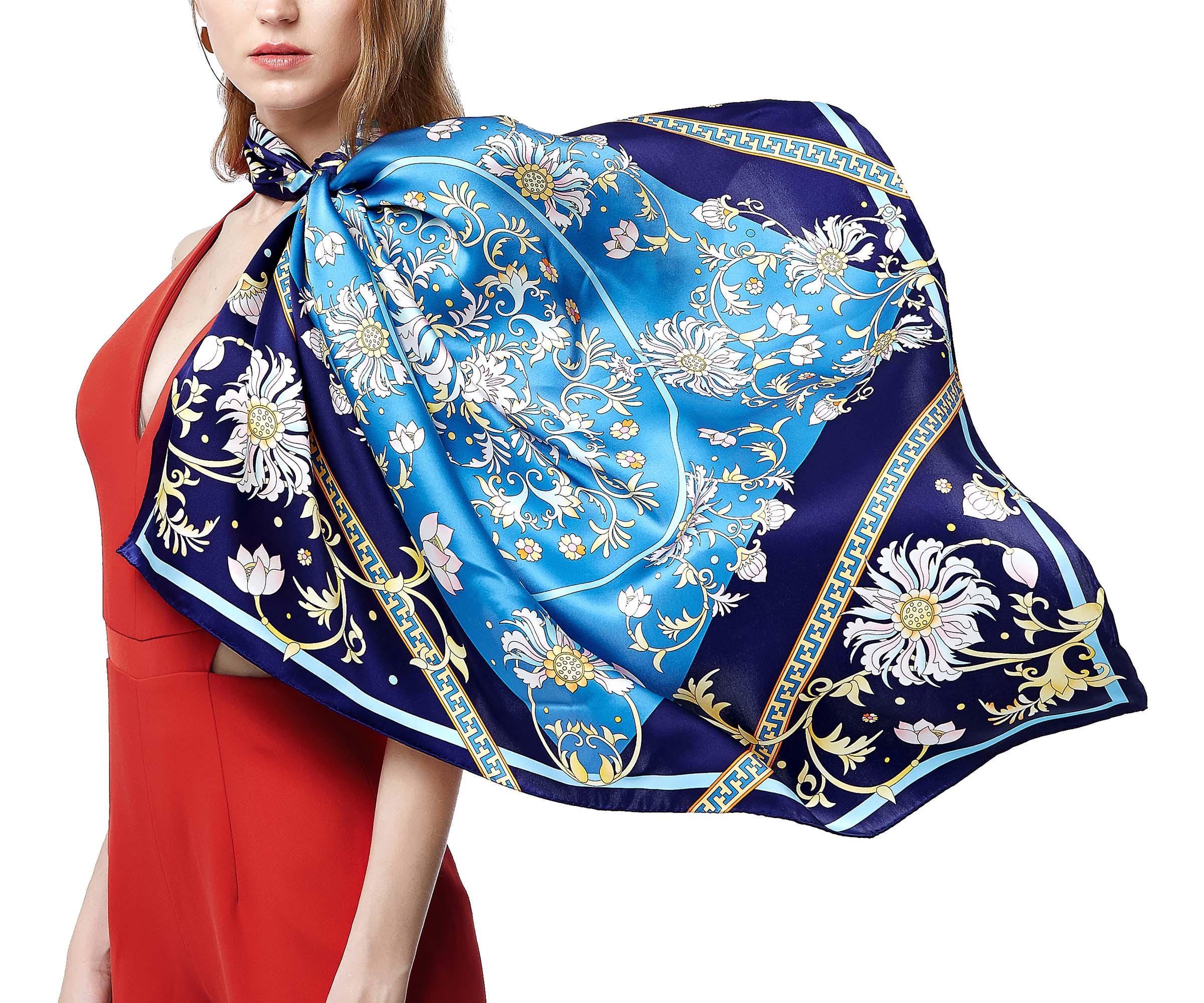 Oscar Rossa 100% Mulberry Silk Scarf with Hand-Rolled Edges, approximate 35"x35" Large Square Printed Silk Charmeuse Scarf, Lotus
