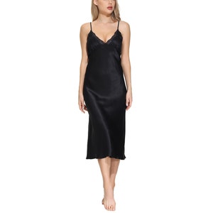 Hand-Crafted Oscar Rossa Women&#39;s Long Silk Nightgown 100% Mulberry Silk Full Slip Chemise with Charming Lace
