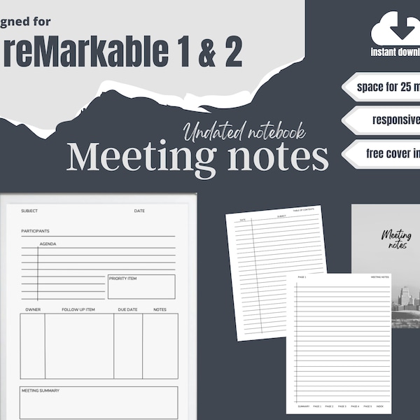 reMarkable 2 Work Notes Notebook Template | Meeting Minutes Business Notes | Hyperlinked Responsive PDF | Instant download