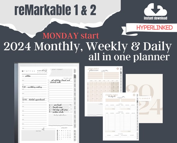 Remarkable 2 2024 DAILY WEEKLY PLANNER Digital Calendar Template Monthly  Budget Tracker Organiser Interactive Pdf Instant Download - Etsy